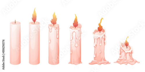 Set wax candle stages burning with fire, flame isolated on white background. Animation objects