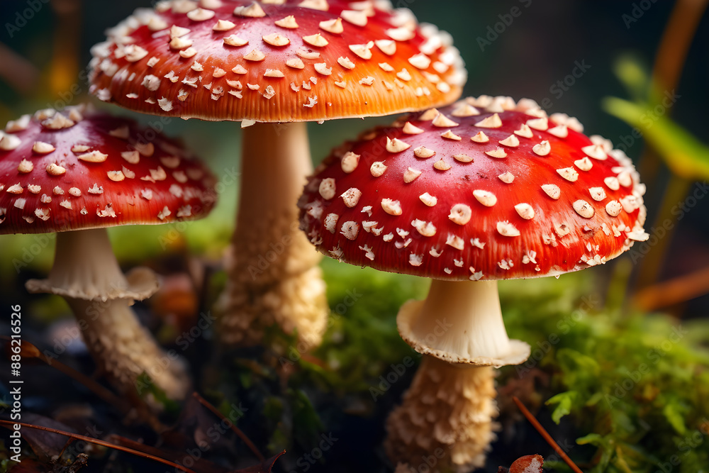 Toadstools with vivid hues against soft green backdrop Toadstools with vivid hues against soft green backdrop