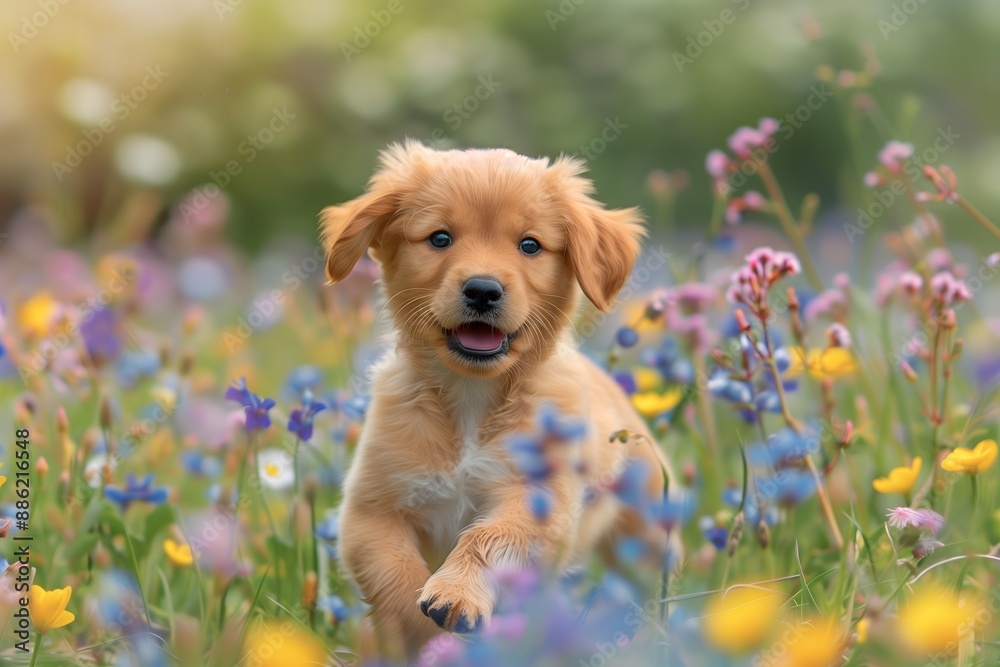 Playful Puppy Running Through a Field of Flowers Playful Puppy Running Through a Field of Flowers