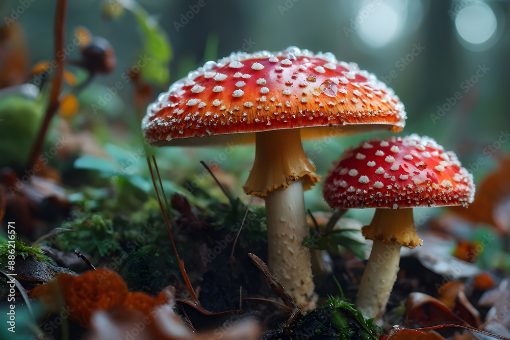 Vibrant fly agarics nestled in forest underbrush Vibrant fly agarics nestled in forest underbrush
