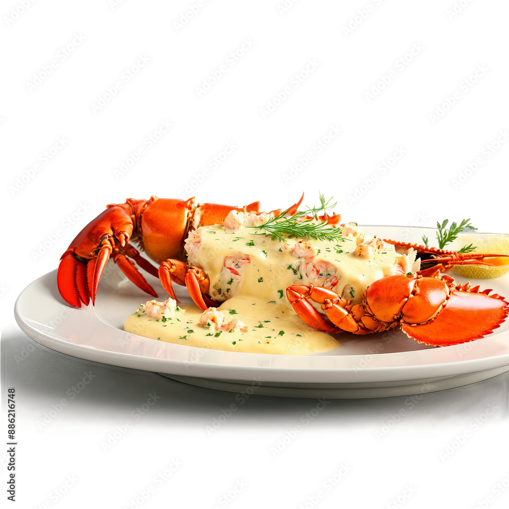 Lobster thermidor a French classic featuring tender lobster meat in a creamy cheesy sauce served Lobster thermidor a French classic featuring tender lobster meat in a creamy cheesy sauce served