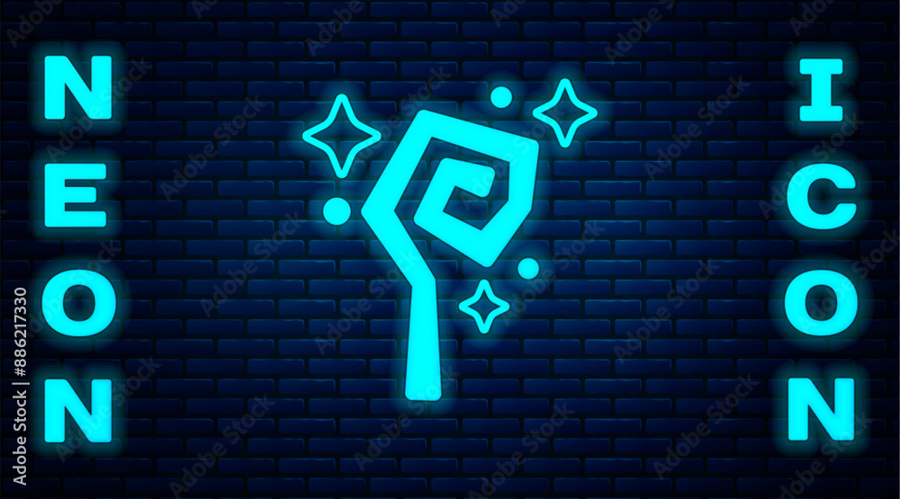 Glowing neon Magic staff icon isolated on brick wall background. Magic wand, scepter, stick, rod. Vector Glowing neon Magic staff icon isolated on brick wall background. Magic wand, scepter, stick, rod. Vector