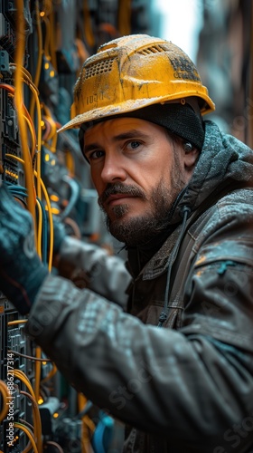 Construction worker fixing network server cables