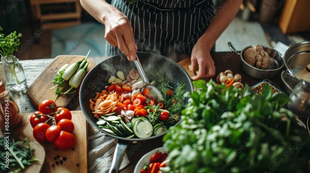 Cooking colorful vegetable stir-fry in kitchen Cooking colorful vegetable stir-fry in kitchen
