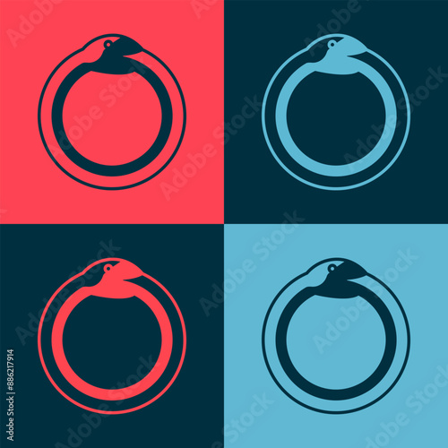 Pop art Magic symbol of Ouroboros icon isolated on color background. Snake biting its own tail. Animal and infinity, mythology and serpent. Vector