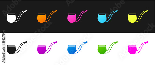 Set No pipe smoking icon isolated on black and white background. Dont smoke. Tobacco pipe. Vector