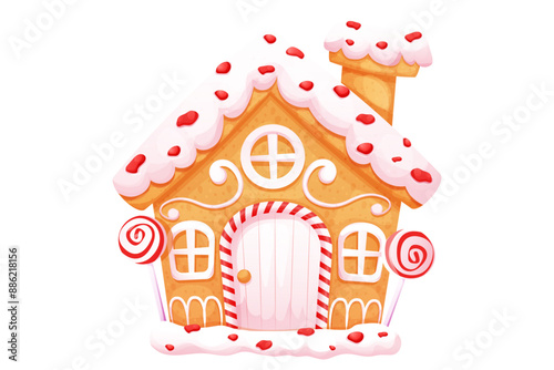 Gingerbread house with wonder door and windows cute ornament and sweets isolated on white background. 