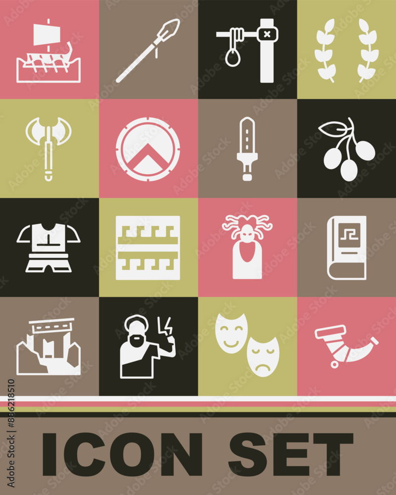 Set Hunting horn, Greek history book, Olives branch, Gallows, shield, Medieval axe, trireme and sword icon. Vector Set Hunting horn, Greek history book, Olives branch, Gallows, shield, Medieval axe, trireme and sword icon. Vector