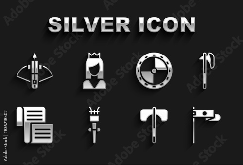 Set Torch flame, Medieval axe, flag, Decree, parchment, scroll, Round wooden shield, Battle crossbow with arrow and Princess icon. Vector