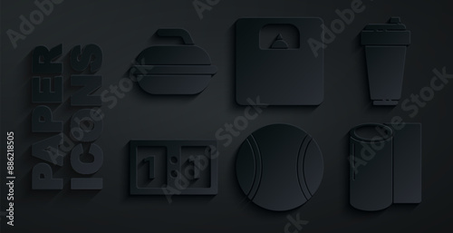 Set Tennis ball, Fitness shaker, Sport mechanical scoreboard, mat roll, Bathroom scales and Stone for curling sport game icon. Vector