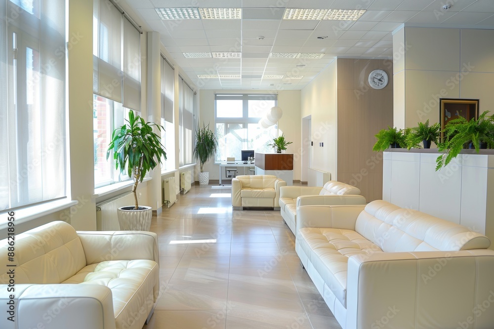 A stylish, modern office space with white couches and plants A stylish, modern office space with white couches and plants