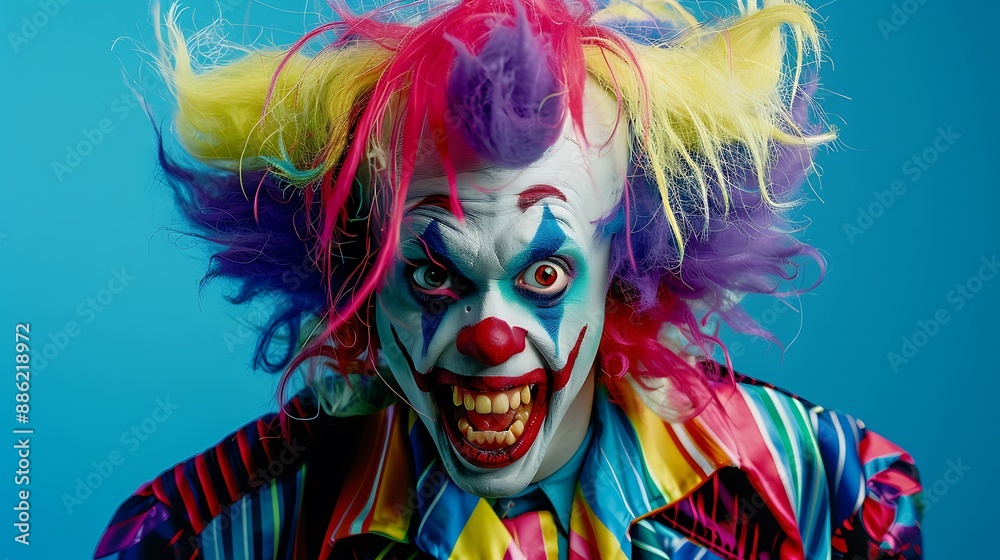 Maniac killer clown with colorful hair and joker outfit isolated on blue background Maniac killer clown with colorful hair and joker outfit isolated on blue background