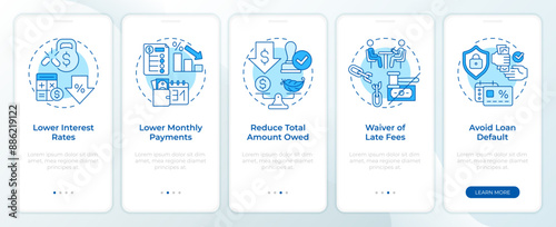 Debt restructuring benefits blue onboarding mobile app screen. Walkthrough 5 steps editable graphic instructions with linear concepts. UI, UX, GUI template. Montserrat SemiBold, Regular fonts used