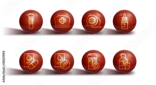 Set line Test tube with blood, Medical prescription, Bottle nasal spray, Medicine bottle, Nurse hat cross, of medicine syrup and Dialogue the doctor icon. Vector
