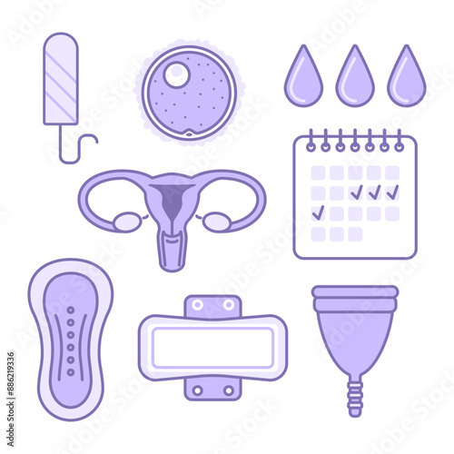 A set of simple drawings related to menstruation in bluish colours on a white background. Vector images related to the menstrual cycle 