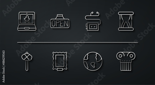 Set line Online museum, Stone age hammer, Old hourglass with sand, Earth globe, Picture, Hanging sign Open, Ancient column and Museum audio guide icon. Vector
