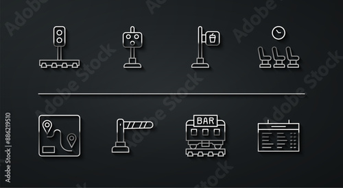 Set line Train traffic light, Route location, Waiting room, Restaurant train, Railway barrier, station board and Cafe and restaurant icon. Vector