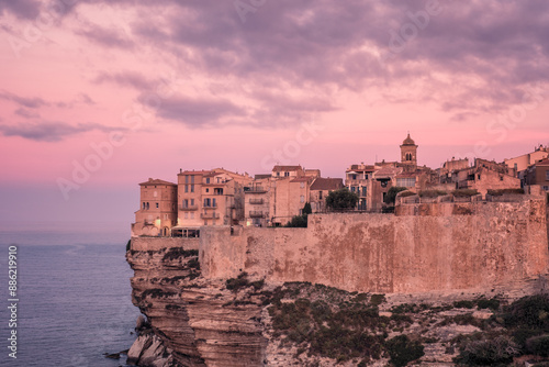 Early morning sun on the buildings and wall of the historic citadel of Bonifacio on the Mediterranean island of Corsica