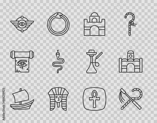 Set line Egyptian ship, Crook and flail, house, pharaoh, symbol Winged sun, Snake, Cross ankh and icon. Vector