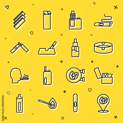 Set line Tobacco leaf, Lighter, Ashtray, Vape mod device, with cigarette, Broken, Cigarette rolling papers and liquid bottle icon. Vector