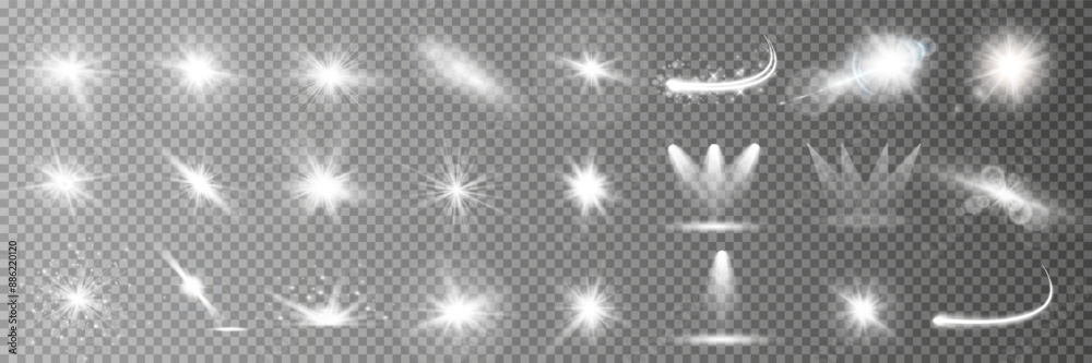 Set of golden glowing lights effects isolated on transparent background. Sun flash with rays and spotlight. Glow light effect. Star burst with sparkles.