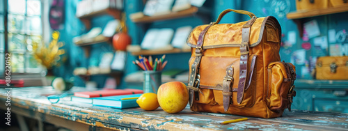 Colorful classroom desk supplies school backpack atmosphere