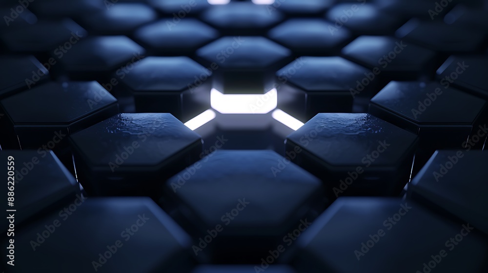 A dark navy hexagonal backdrop with a glowing white center, showcasing a minimalist design with a smooth 3D rendering A dark navy hexagonal backdrop with a glowing white center, showcasing a minimalist design with a smooth 3D rendering