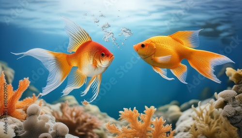 Leap of Joy: Playful Goldfish and Angelfish in Vibrant Underwater Oasis" "Enchanted Depths: Goldfish and Angelfish Frolicking in Coral Garden"