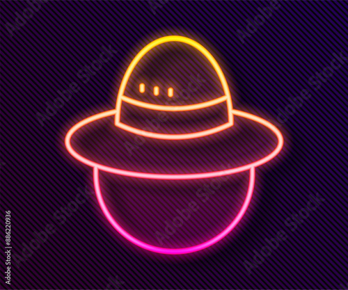 Glowing neon line Camping hat icon isolated on black background. Beach hat panama. Explorer travelers hat for hunting, hiking, tourism. Vector