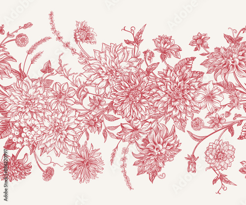 Horizontal floral seamless border. Dahlias, asters, dogwood berries, spikelets. Red