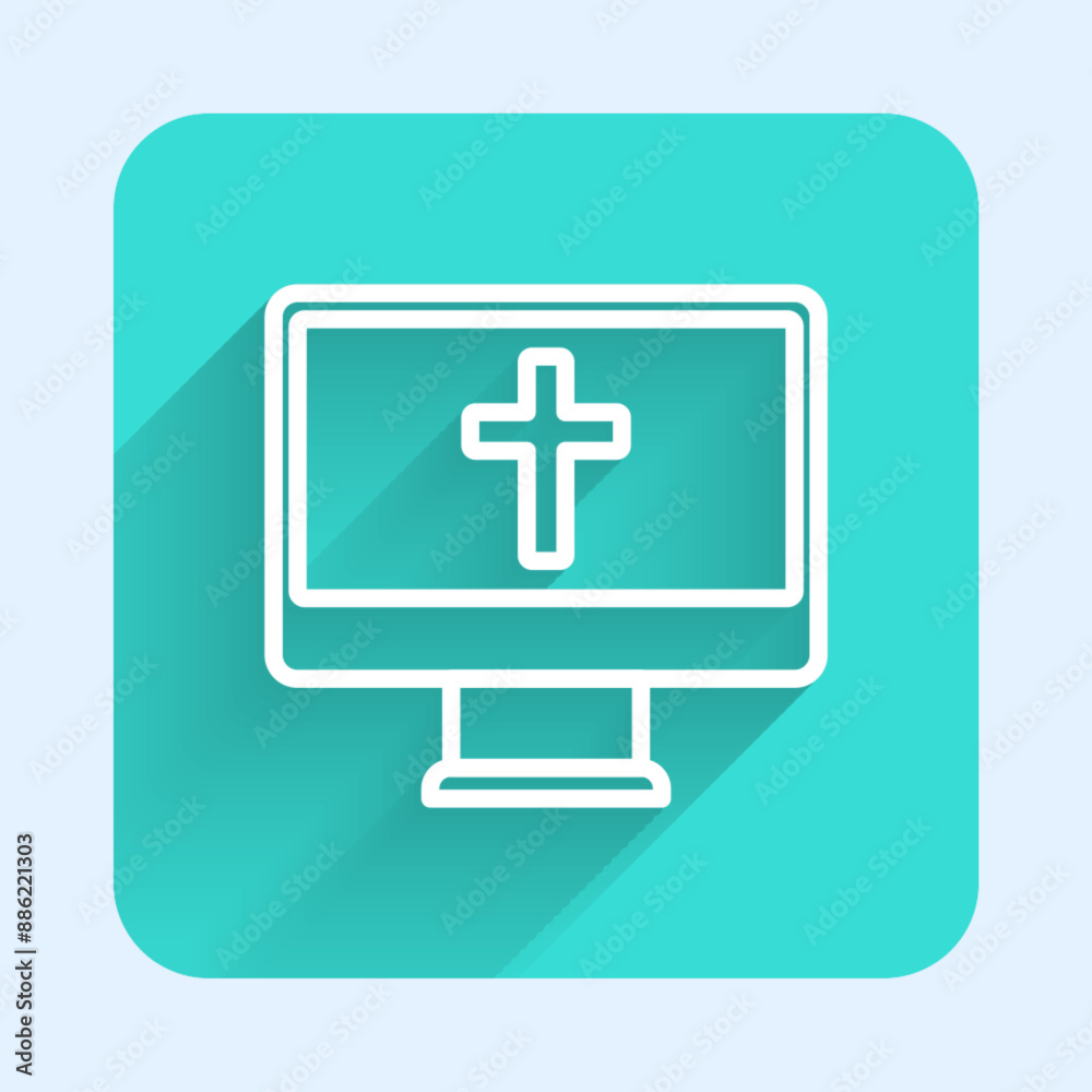 White line Christian cross on monitor icon isolated with long shadow background. Church cross. Green square button. Vector White line Christian cross on monitor icon isolated with long shadow background. Church cross. Green square button. Vector