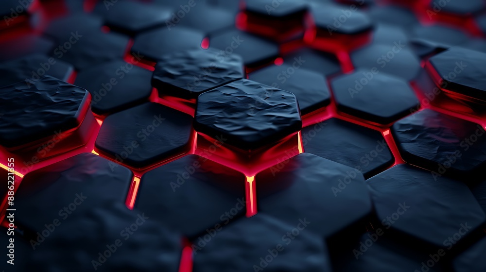 A dark navy hexagonal background with a glowing crimson center, highlighted by a smooth 3D effect A dark navy hexagonal background with a glowing crimson center, highlighted by a smooth 3D effect