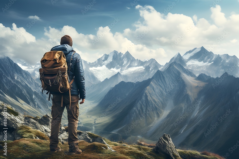 Hiker with backpack on top of a mountain and looking at the valley
