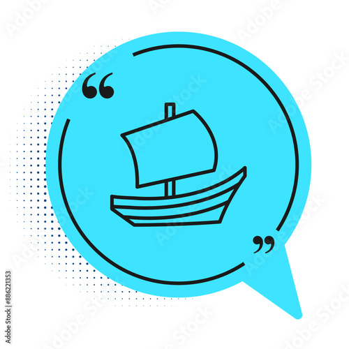 Black line Egyptian ship icon isolated on white background. Egyptian papyrus boat. Blue speech bubble symbol. Vector