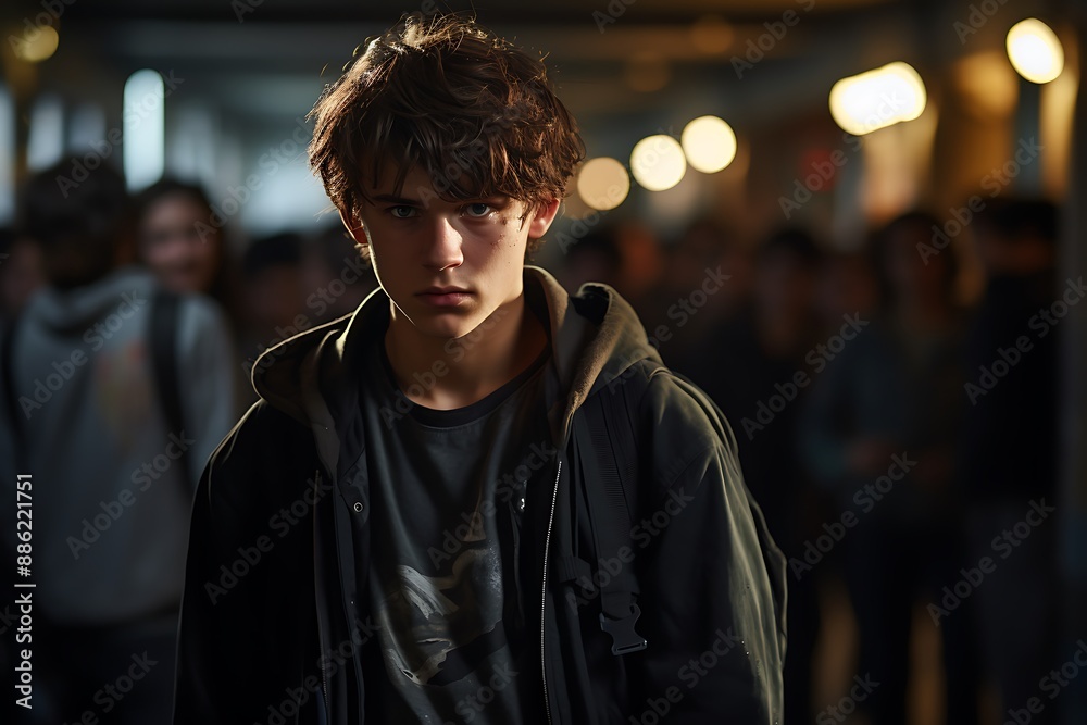 Fototapeta premium Portrait of a young handsome man with a backpack standing in an underground passage.
