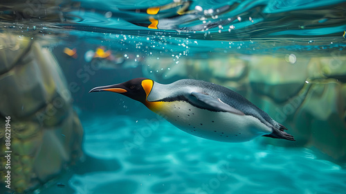 Underwater view of a swimming penguin in clear blue water aquatic life