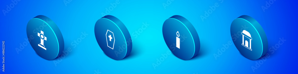Set Isometric Grave with cross, Burning candle, Old crypt and Coffin icon. Vector Set Isometric Grave with cross, Burning candle, Old crypt and Coffin icon. Vector