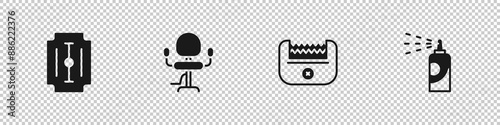Set Blade razor, Barbershop chair, Electrical clipper and Spray can for hairspray icon. Vector