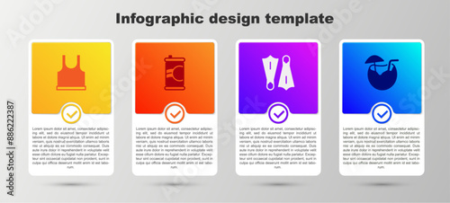 Set Sleeveless T-shirt, Soda can, Rubber flippers for swimming and Coconut cocktail. Business infographic template. Vector