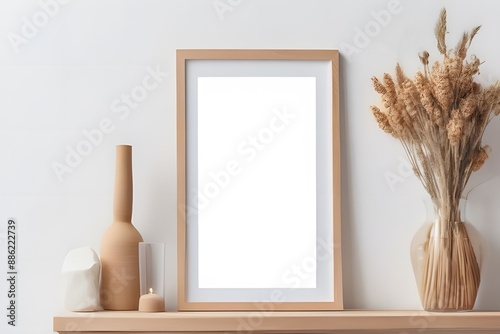 Wooden frame and decorative vase with dry plant against white wall. Concept of rustic minimalist decor and simple elegance.