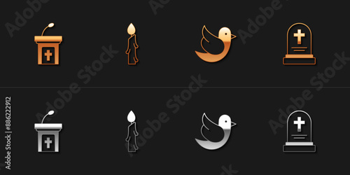 Set Church sermon tribune, Burning candle, Dove and Grave with tombstone icon. Vector