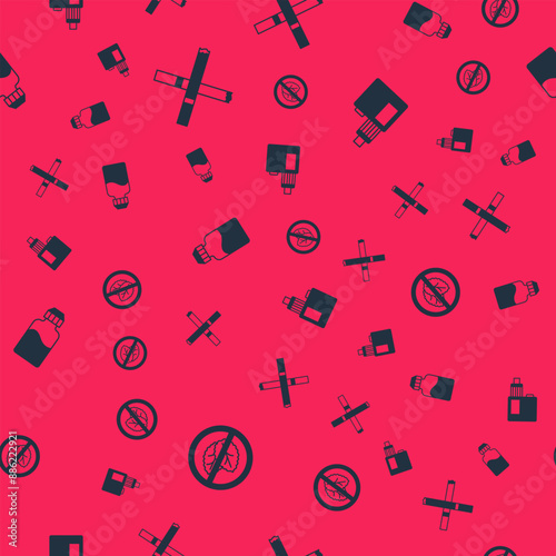 Set No tobacco leaf, Cigarette, Vape liquid bottle and mod device on seamless pattern. Vector