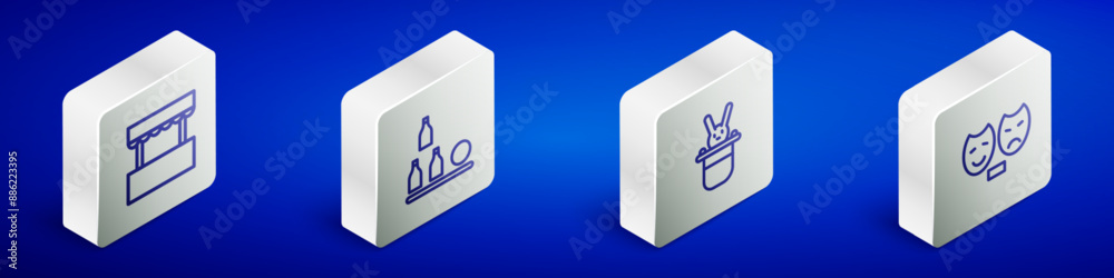 Set Isometric line Ticket box office, Bottles ball, Magician hat and rabbit and Comedy tragedy masks icon. Vector Set Isometric line Ticket box office, Bottles ball, Magician hat and rabbit and Comedy tragedy masks icon. Vector