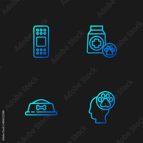Set line Human with animals footprint, Pet food bowl, Bandage plaster and Bag of. Gradient color icons. Vector