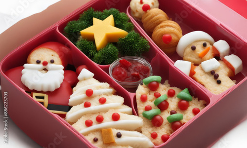Funny Christmas food in the shape of snowman, Christmas tree and Santa Claus, in a bento or lunch box