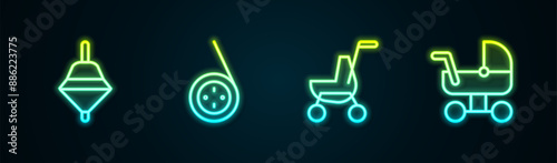 Set line Whirligig toy, Yoyo, Baby stroller and . Glowing neon icon. Vector