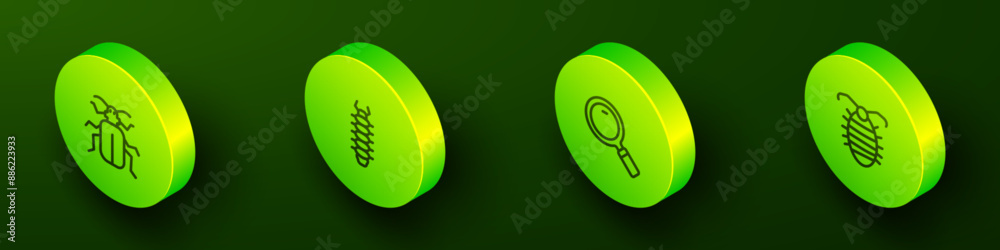 Set Isometric line Chafer beetle, Centipede, Magnifying glass and Larva insect icon. Vector Set Isometric line Chafer beetle, Centipede, Magnifying glass and Larva insect icon. Vector