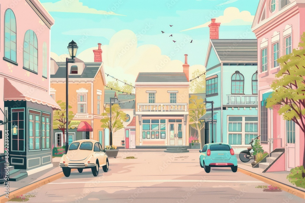 Charming Town Square with Pastel-Colored Houses Charming Town Square with Pastel-Colored Houses