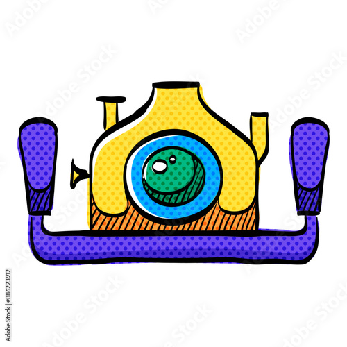 Underwater camera halftone icon hand drawn color vector illustration