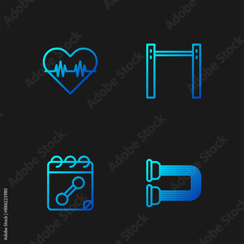 Set line Chest expander, Calendar fitness, Heart rate and Horizontal bar. Gradient color icons. Vector